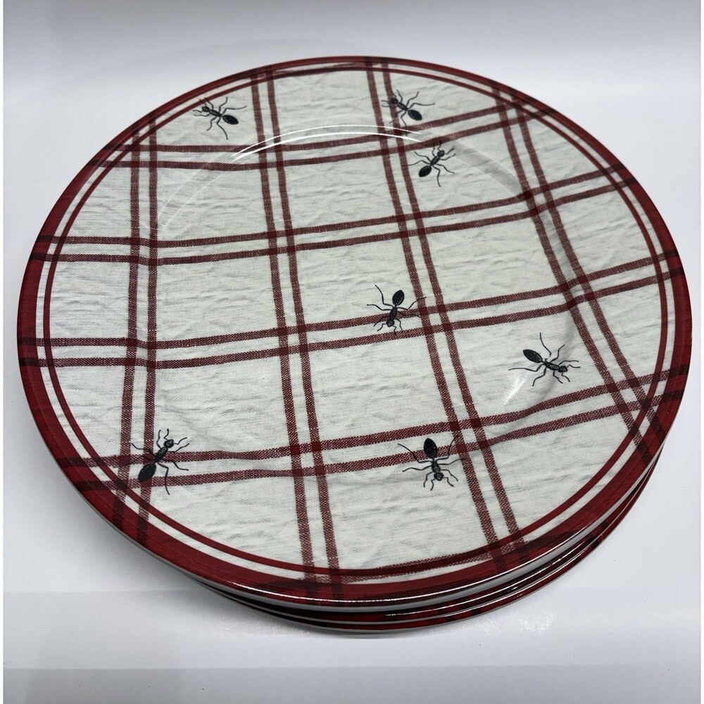 Williams Sonoma Ant Plaid Melamine Dinner Plates Set of 4 Red Black Picnic BBQ